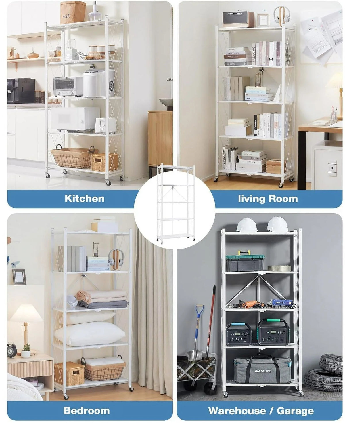 5-Tier Foldable Metal Storage Shelves with Wheels X13360