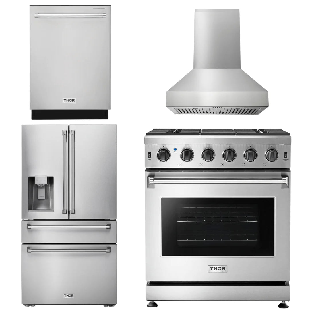 30 Gas Range, Range Hood, Refrigerator with Water and Ice Dispenser, Dishwasher Q2557