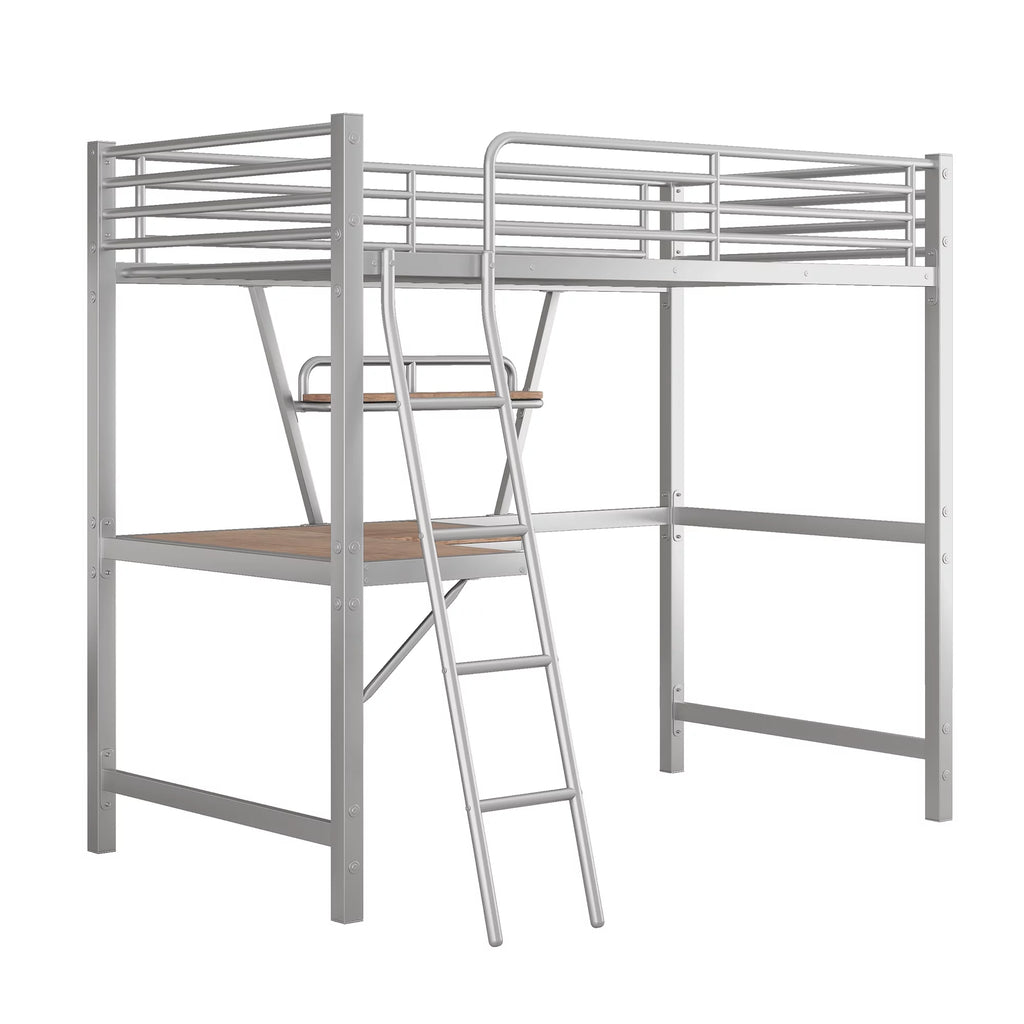 Twin Size Metal Loft Bed with Desk and Storage Shelf D85876