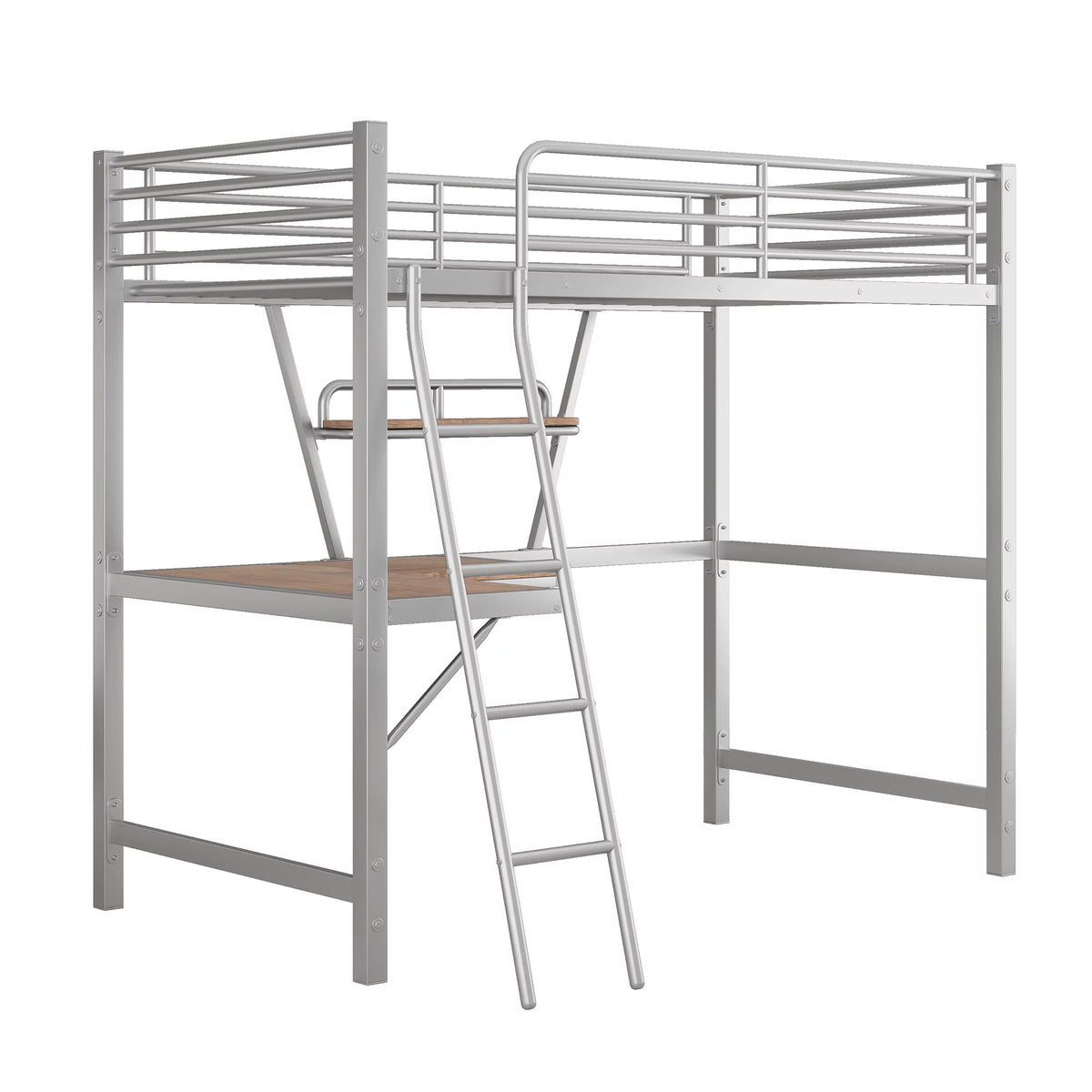 Twin Size Metal Loft Bed with Desk and Storage Shelf D85876