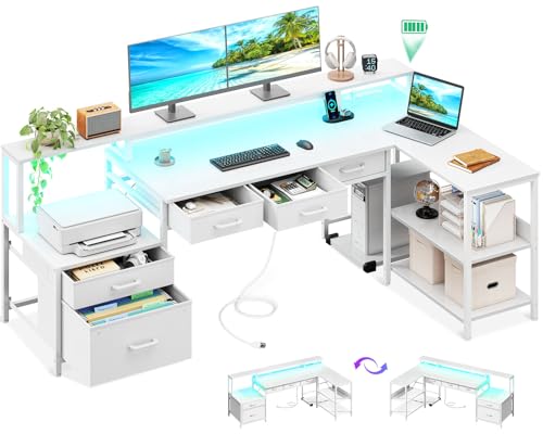 White L Shaped Desk with 5 File Drawers W5534