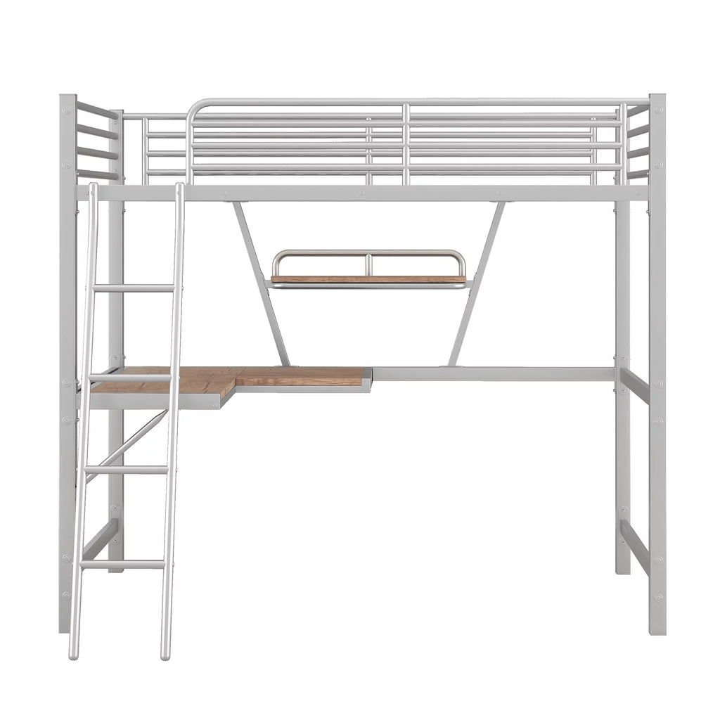 Twin Size Metal Loft Bed with Desk and Storage Shelf D85876