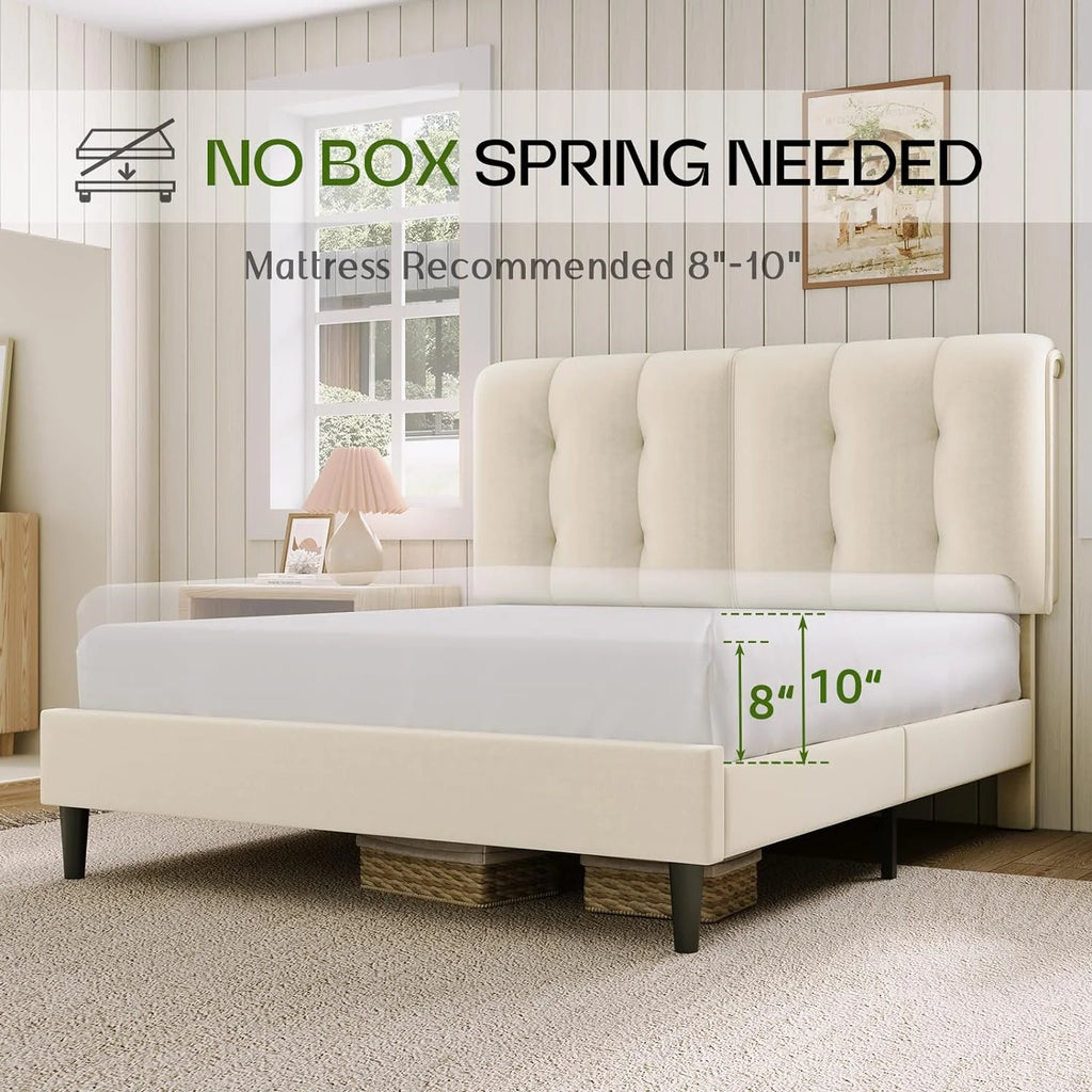 Queen Velvet Upholstered Platform Bed with Adjustable Headboard K9342