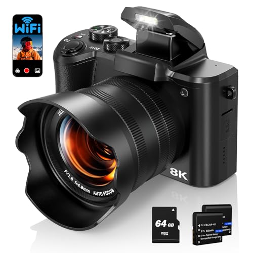 8K Digital Camera with Front and Rear Lens, Flash, Touch Screen, 64GB Card, 2 Batteries X89344