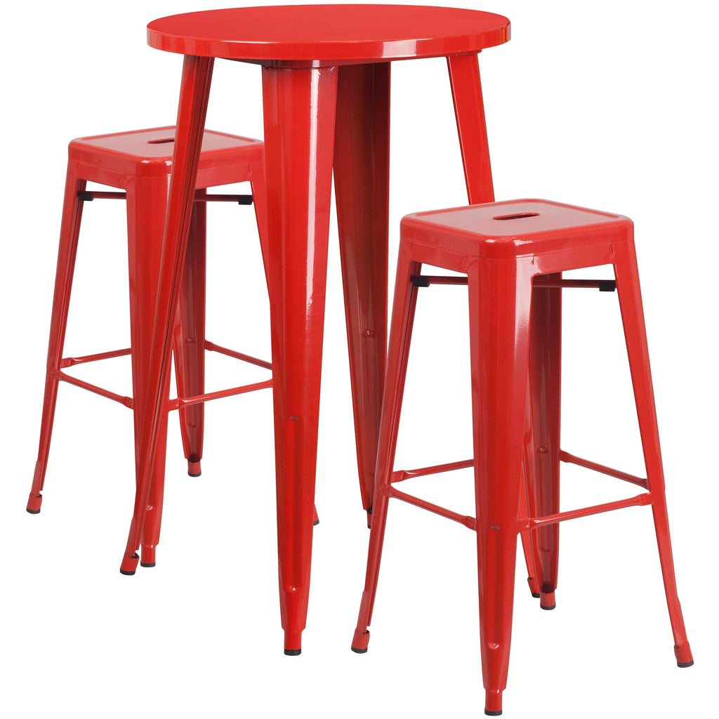 Commercial Grade Round Red Metal Indoor-Outdoor Bar Table Set with 2 Backless Stools D271