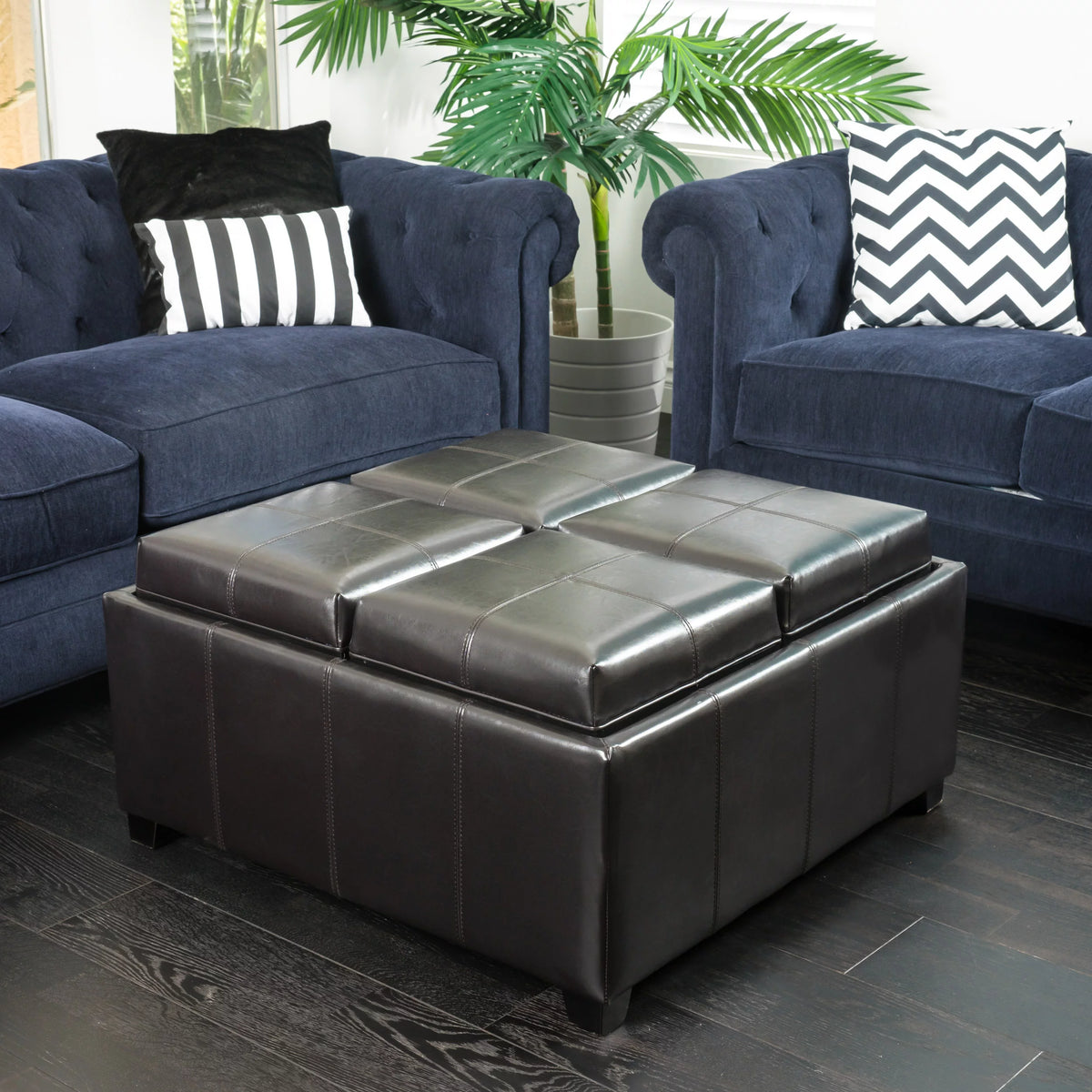 Brown Bonded Leather 4-Tray Storage Ottoman D17661