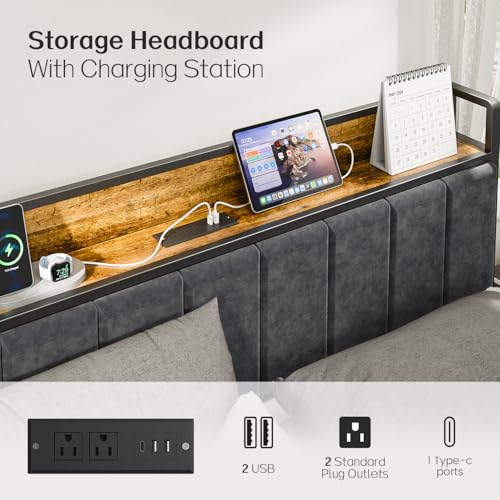 Full Bed Frame with Storage Charging Station Headboard P669971