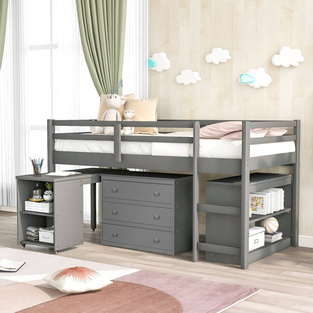 Twin Loft Bed with Cabinet and Rolling Desk K52454
