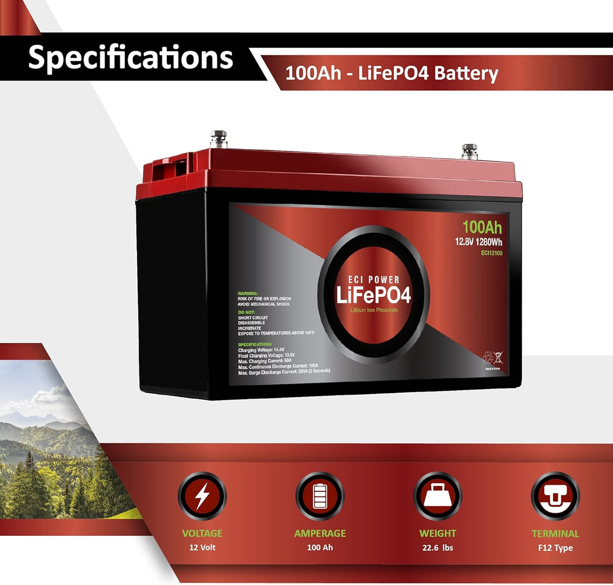 12V 100Ah Lithium LiFePO4 Deep Cycle Rechargeable Battery 2 Pack W3975