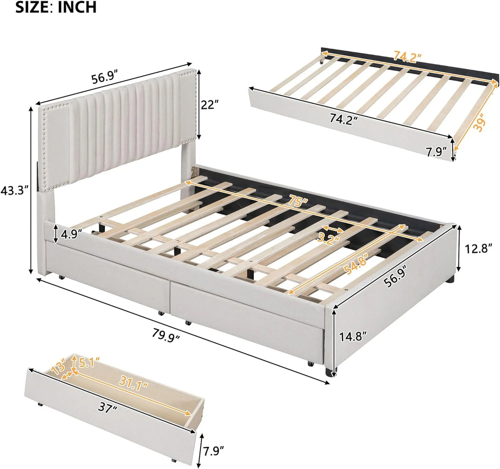 Beige Full Size Upholstered Platform Bed with 2 Drawers M169027