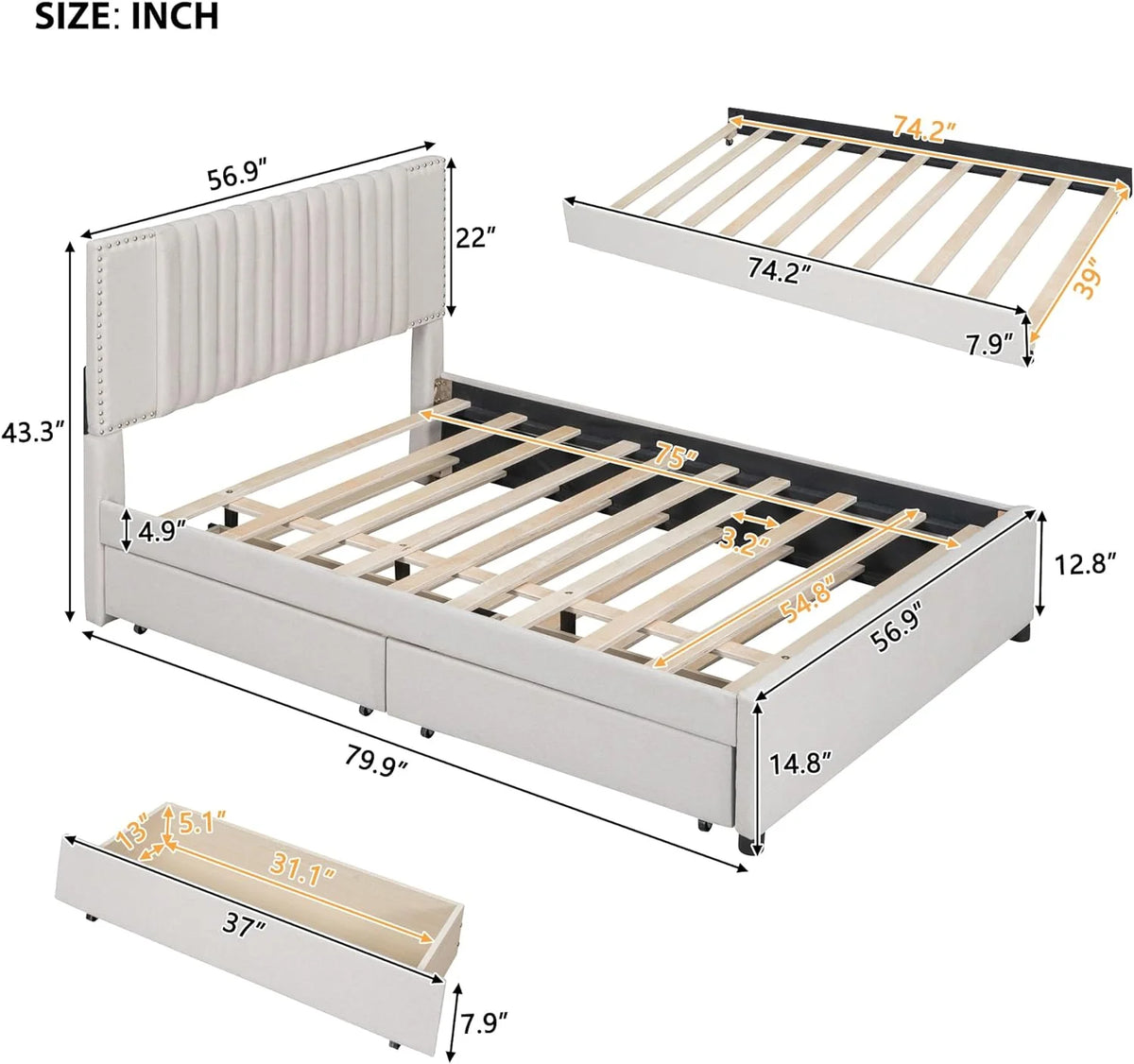 Beige Full Size Upholstered Platform Bed with 2 Drawers M169027