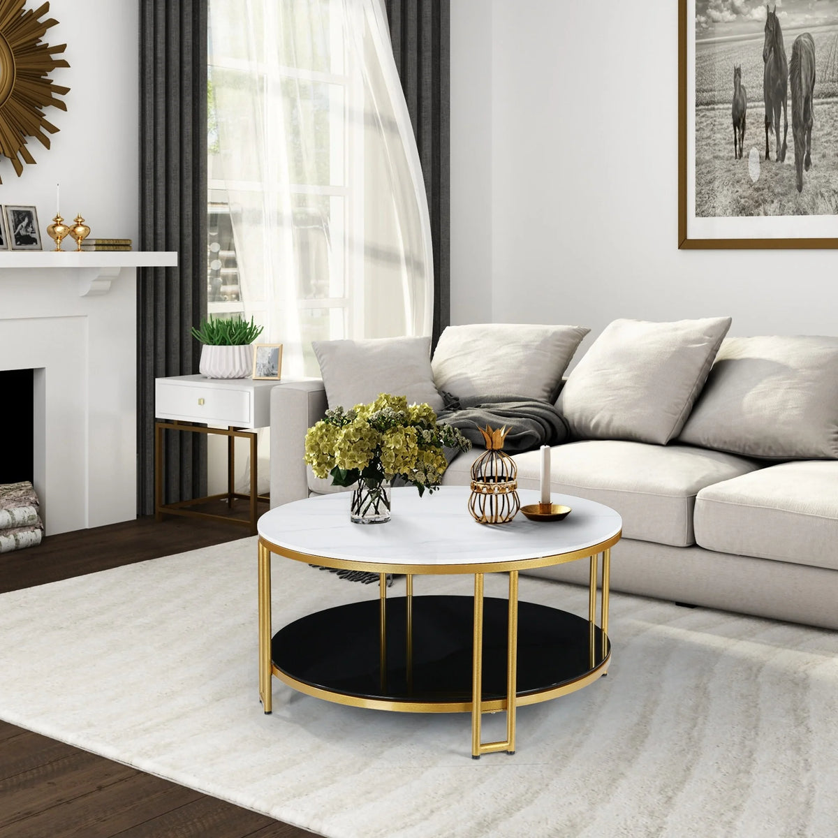 White Marble Gold Round Coffee Table with Storage M421