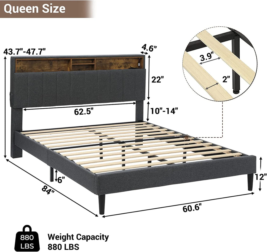 Dark Grey Queen Upholstered Platform Bed Frame with Storage Headboard L74027