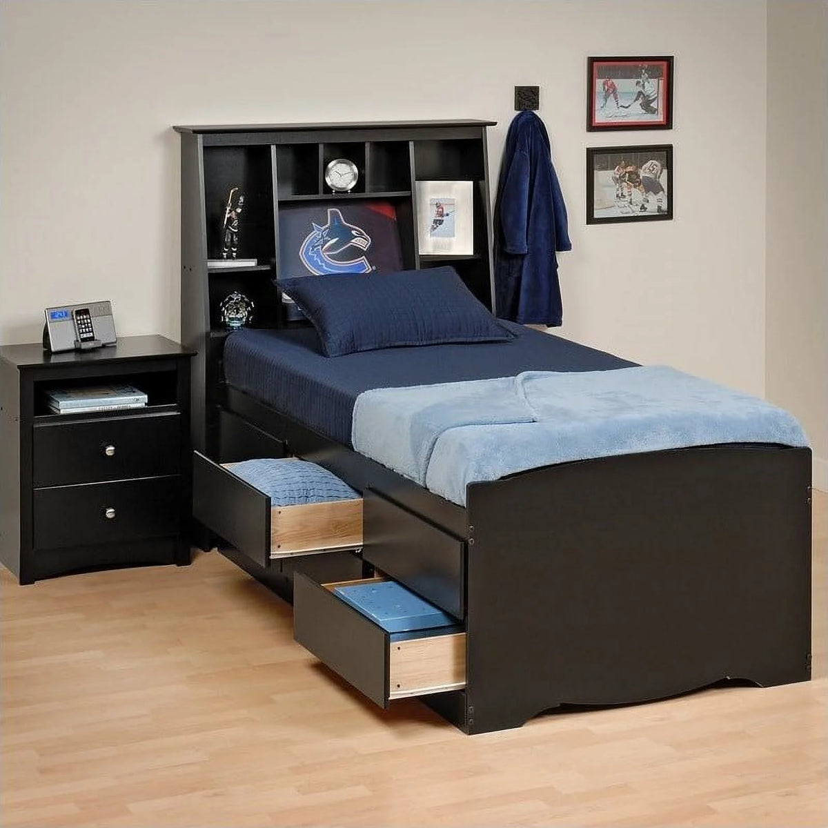 Contemporary Wood Twin Platform Storage Bed in Black L1862