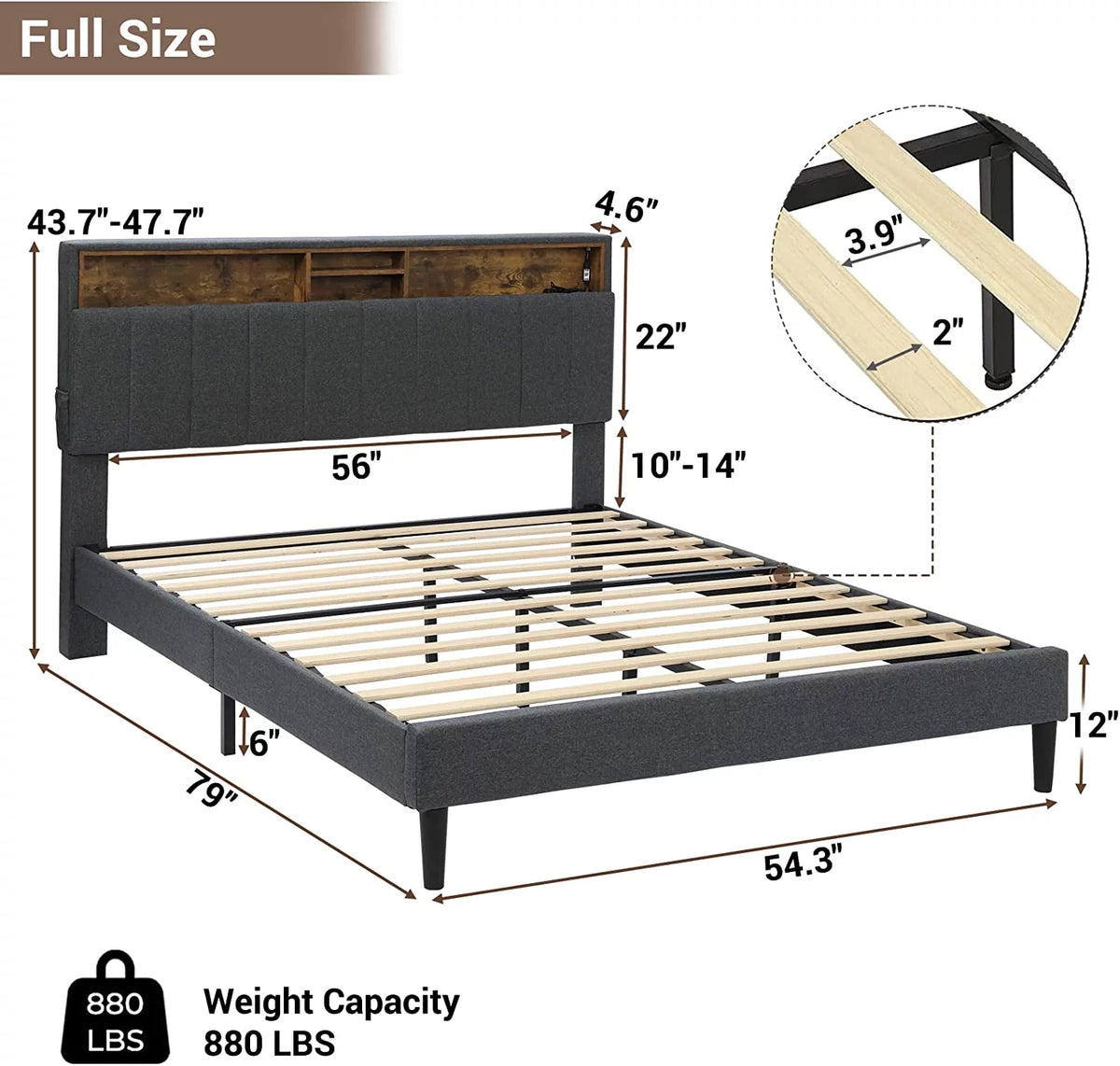 Dark Grey Queen Upholstered Platform Bed Frame with Storage Headboard L74027