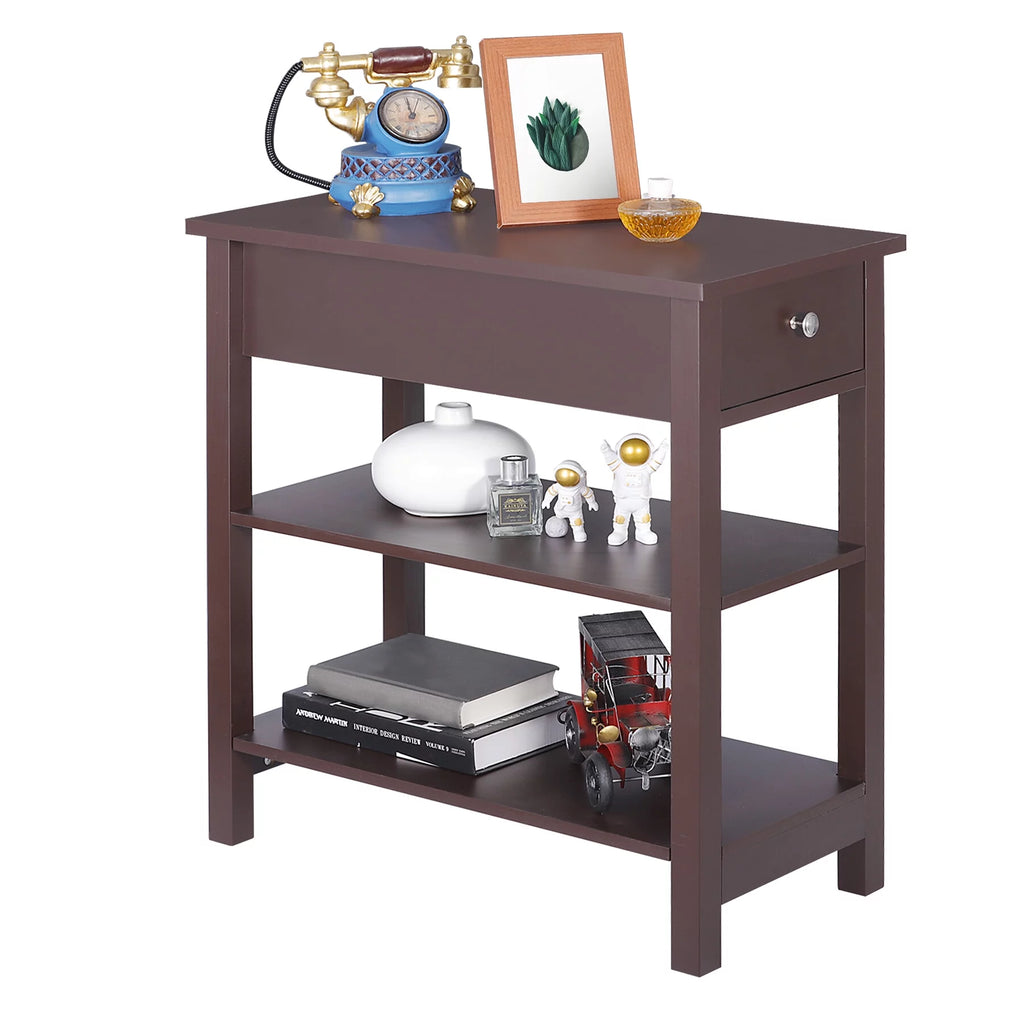 2 Pack 3-Tier Narrow MDF End Table with Drawer & Storage Shelf H55133