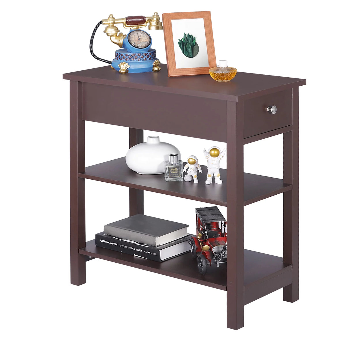 2 Pack 3-Tier Narrow MDF End Table with Drawer & Storage Shelf H55133