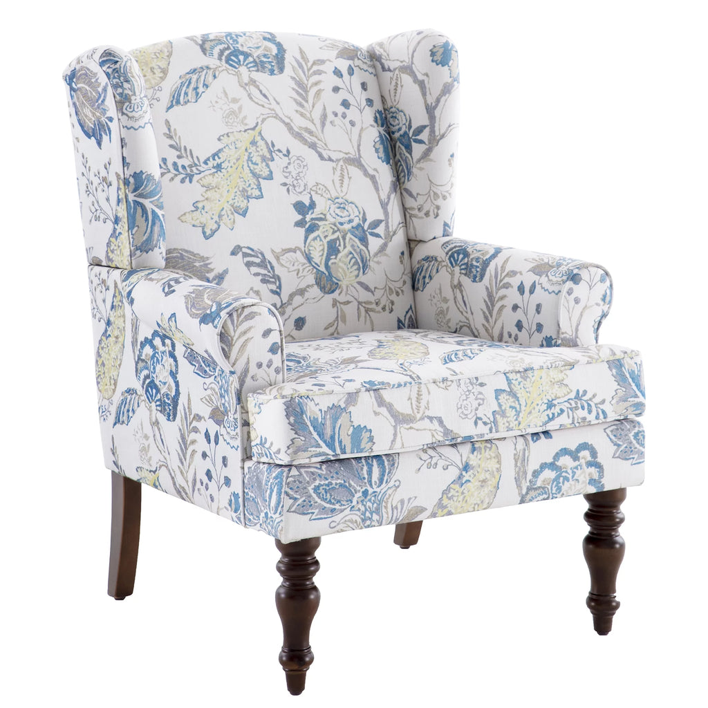 Blue Floral Print Upholstered Wingback Accent Chair with Solid Wood Legs G466580