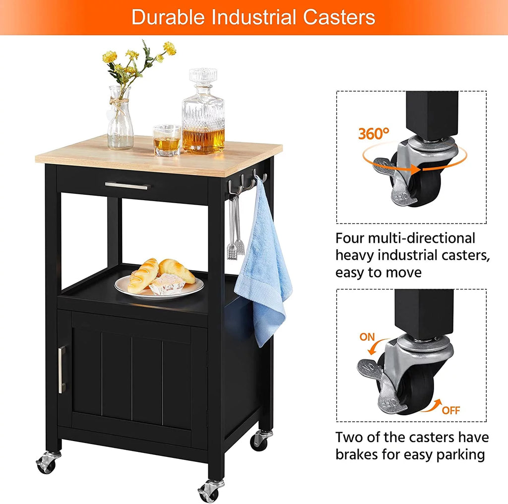 Black Kitchen Island on Wheels with Wood Top and Drawer K546