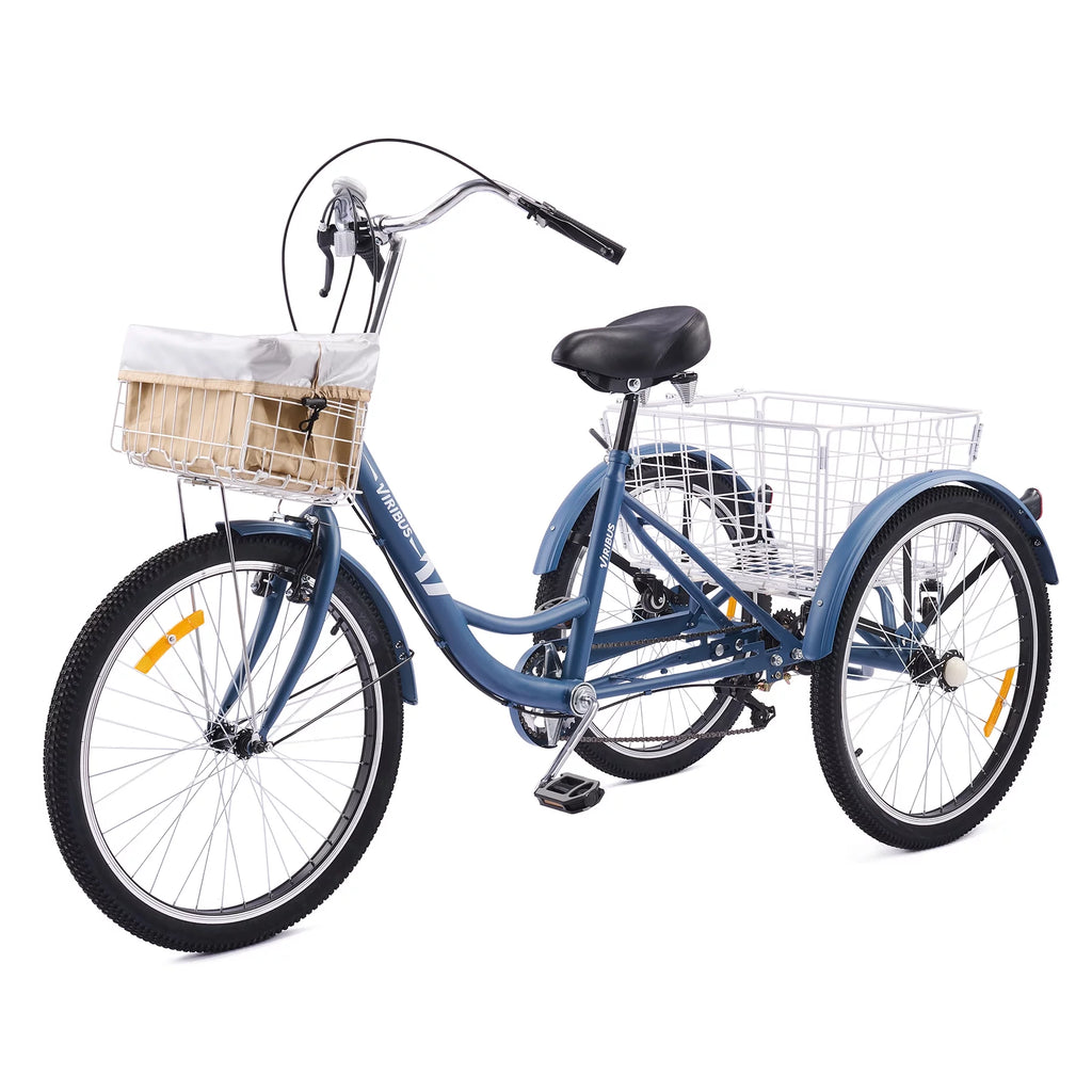 24 Inch 7 Speed Adult Trike with Adjustable Seat and 2 Baskets Matte Gray B1206