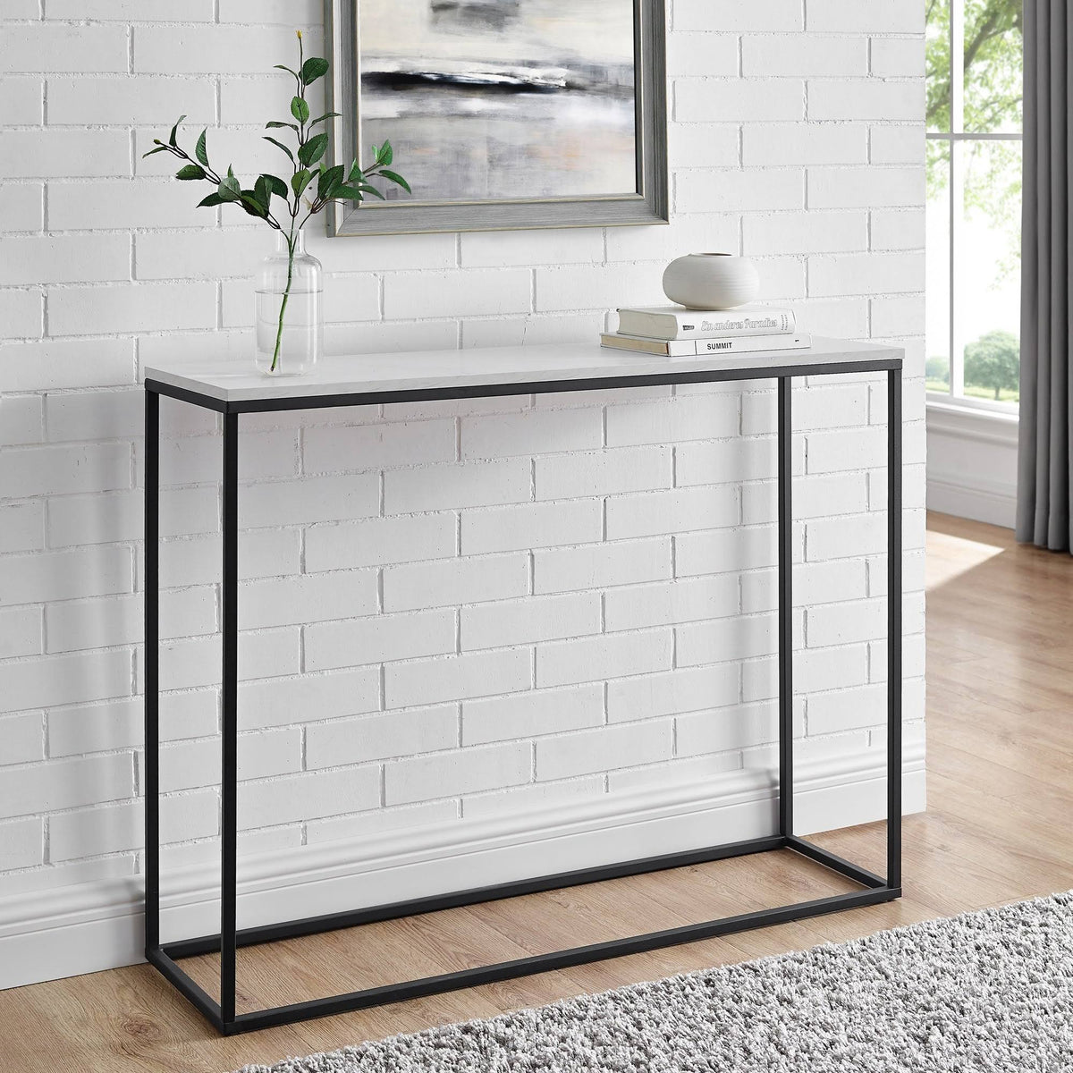 42-Inch Metal Entry Table White Faux Marble Gold T67878