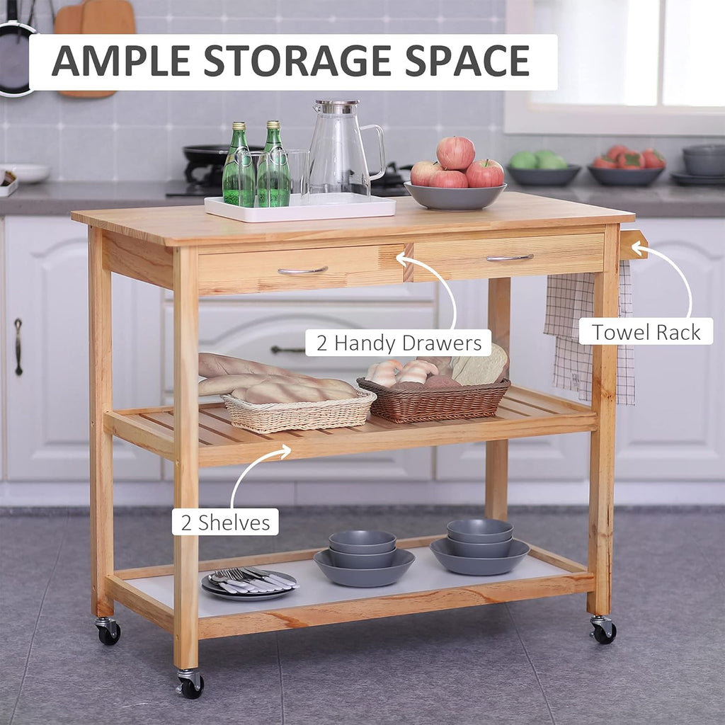 42 Kitchen Trolley Cart with 2 Drawers and 3-Tier Shelf Pine Wood P325269