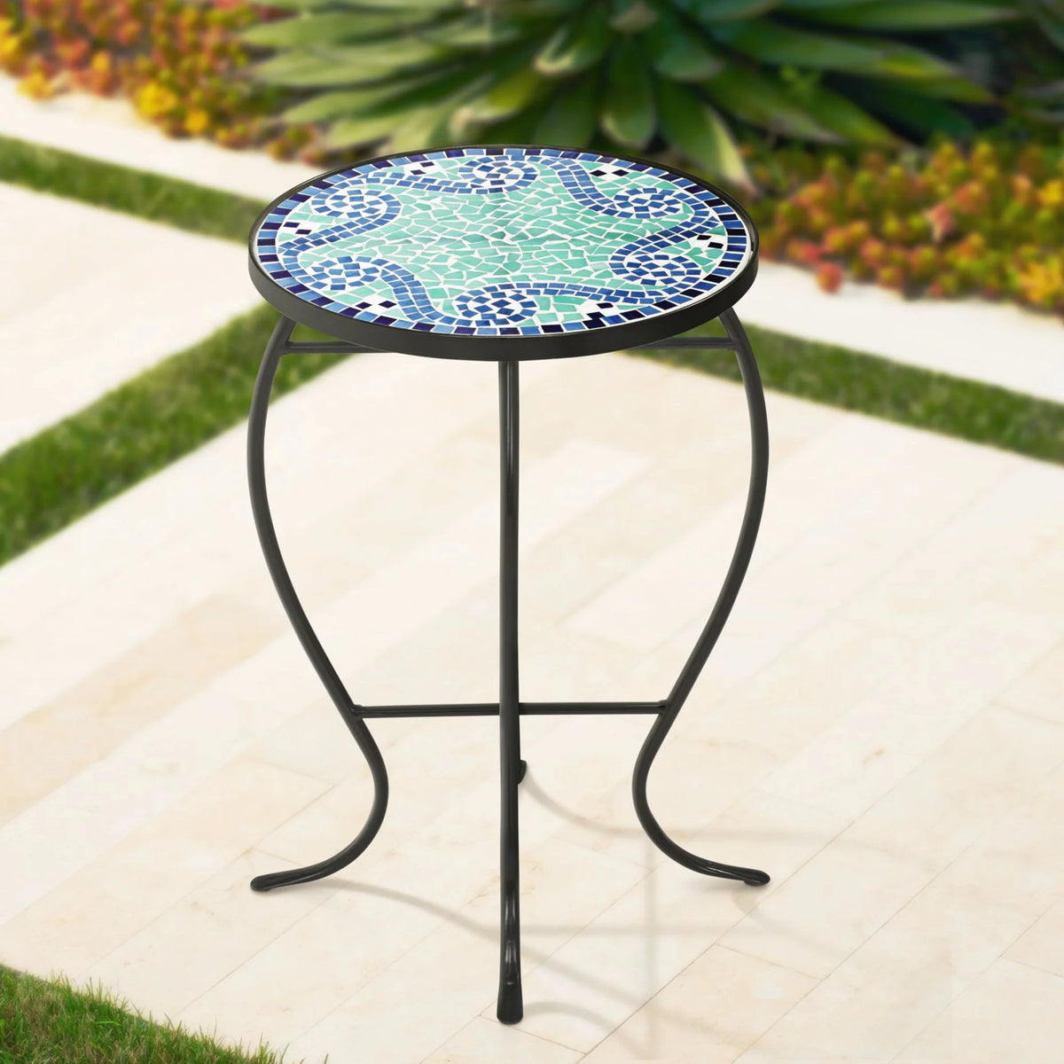 Black Round Outdoor Accent Side Table 14" Wide Light Green Mosaic Tabletop C510