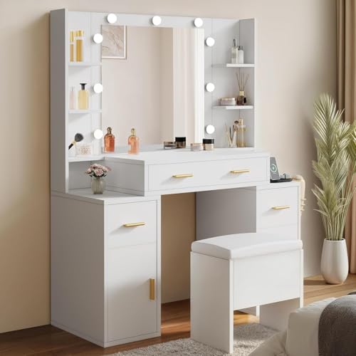 Snow White Vanity Desk with Mirror and Storage Bench R12894
