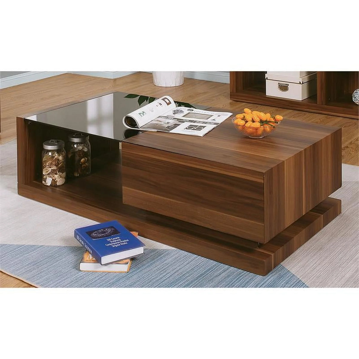 Contemporary Wood 2-Piece Coffee Table Set in Walnut Y55855