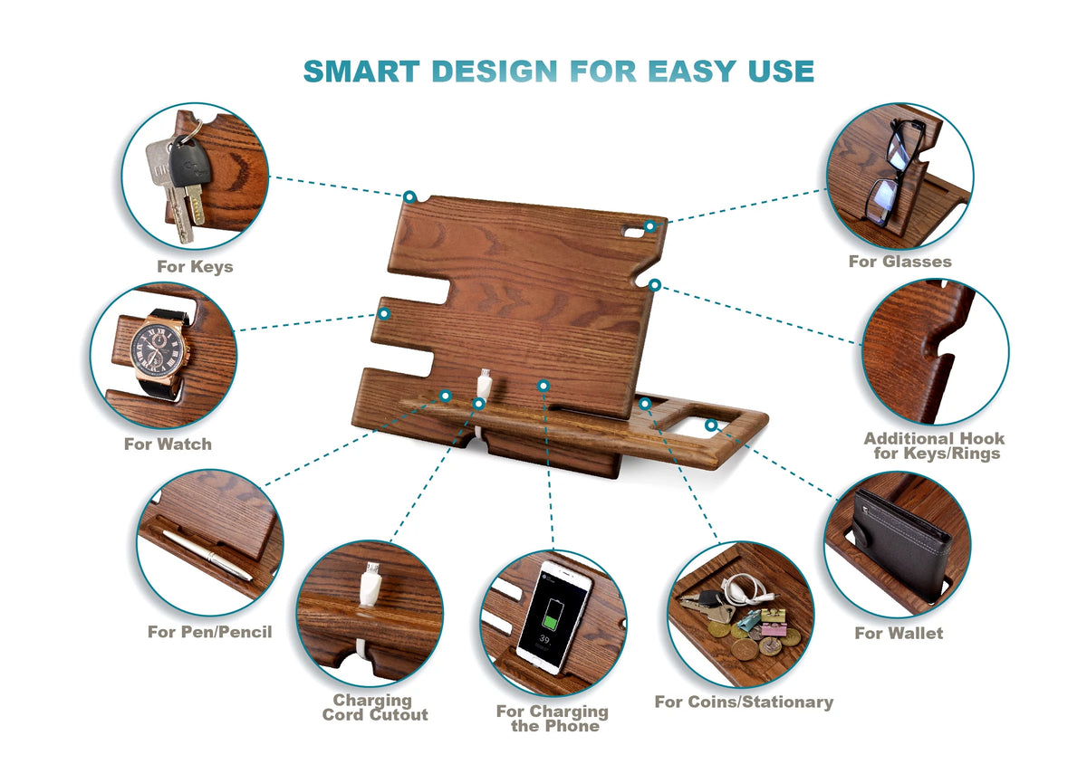 Wood Phone Docking Station Key Holder Wallet Stand Watch Organizer C84080