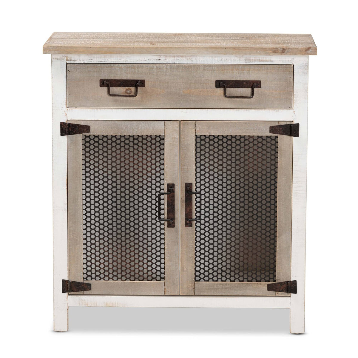 White and Oak Brown Wood 2-Door Storage Cabinet Q579167