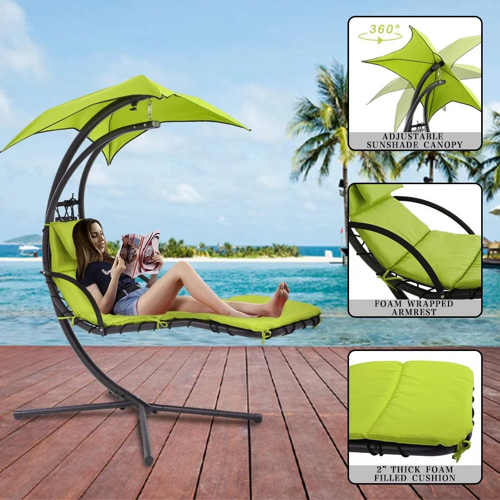 Green Hanging Curved Chaise Lounge Hammock Chair Swing with Cushion D95879