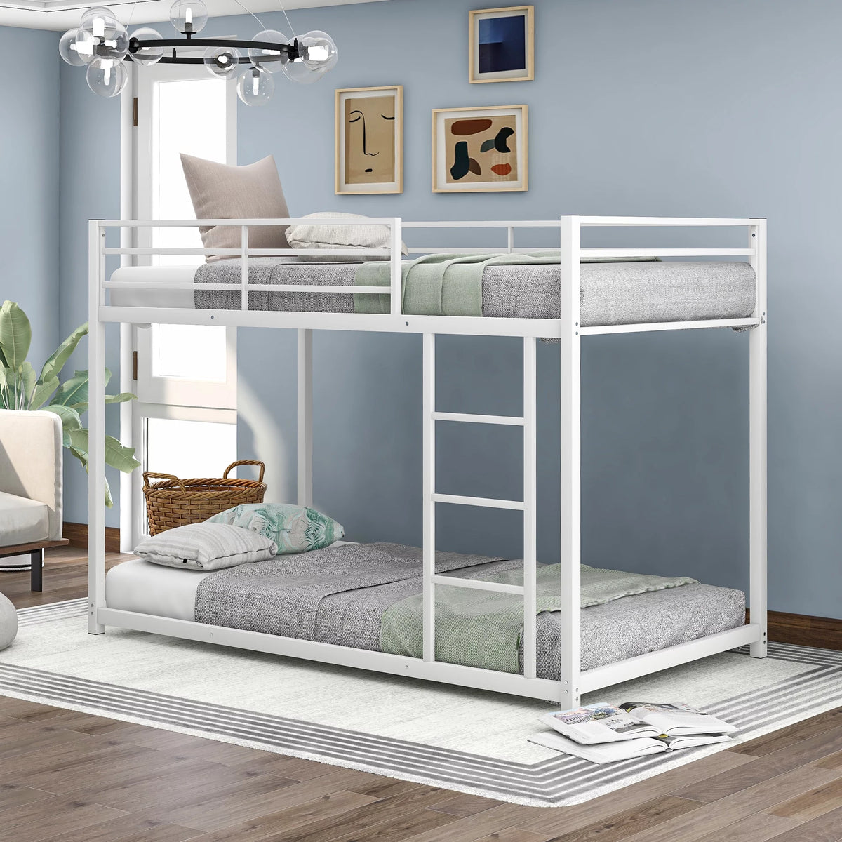 White Metal Twin over Twin Bunk Bed with Storage Shelf B33355
