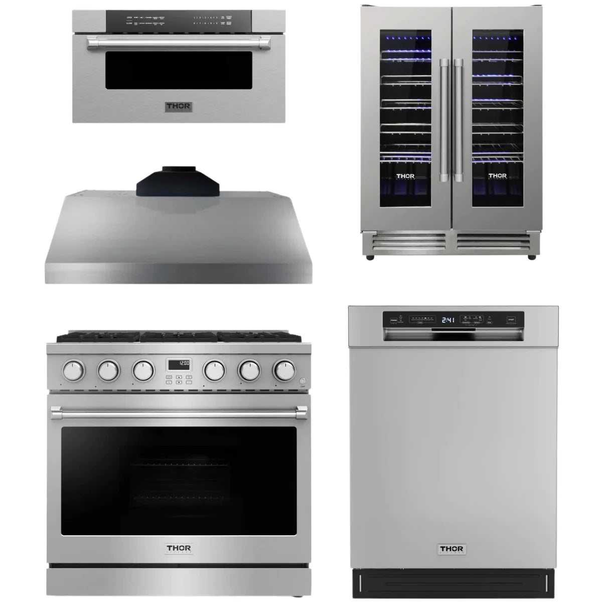 36 Gas Range, Range Hood, Dishwasher, Microwave and Wine Cooler Q926