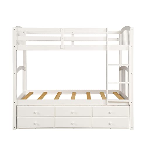 White Twin Bunk Bed with Ladder, Safety Rail and Trundle P797155