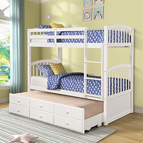 White Twin Bunk Bed with Ladder, Safety Rail and Trundle P797155