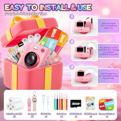 Instant Print Dual Lens Digital Camera with 32G SD Card Storage Bag Pink J26661