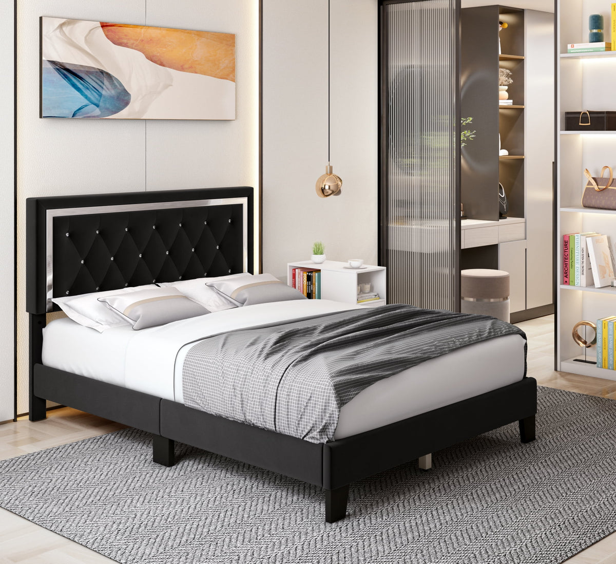 Queen Size Upholstered Platform Bed with Adjustable Headboard F104622