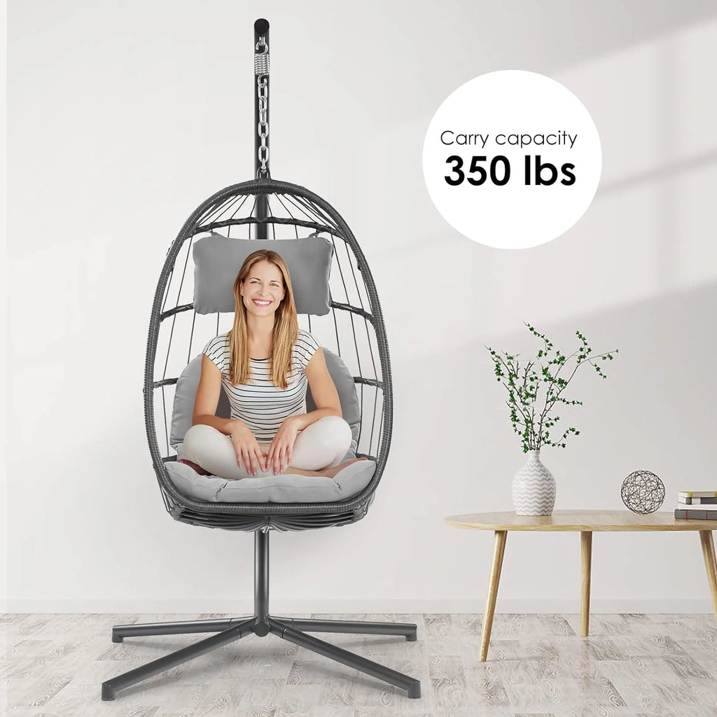 Egg Swing Chair with Bracket Outdoor Rattan Wicker Basket Hammock Chair with Aluminium Steel Frame and UV Cushion E420601