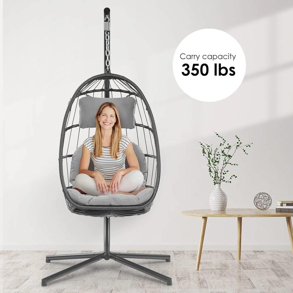 Egg Swing Chair with Bracket Outdoor Rattan Wicker Basket Hammock Chair with Aluminium Steel Frame and UV Cushion E420601