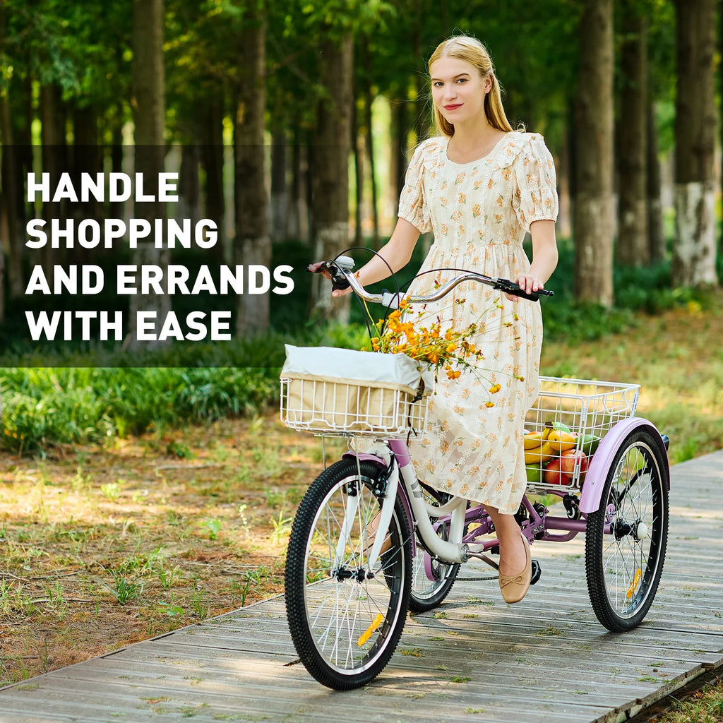 24 Inch 7 Speed Adult Trike with Adjustable Seat and 2 Baskets Matte Gray B1206