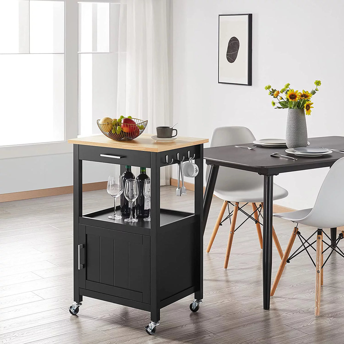 Black Kitchen Island on Wheels with Wood Top and Drawer K546