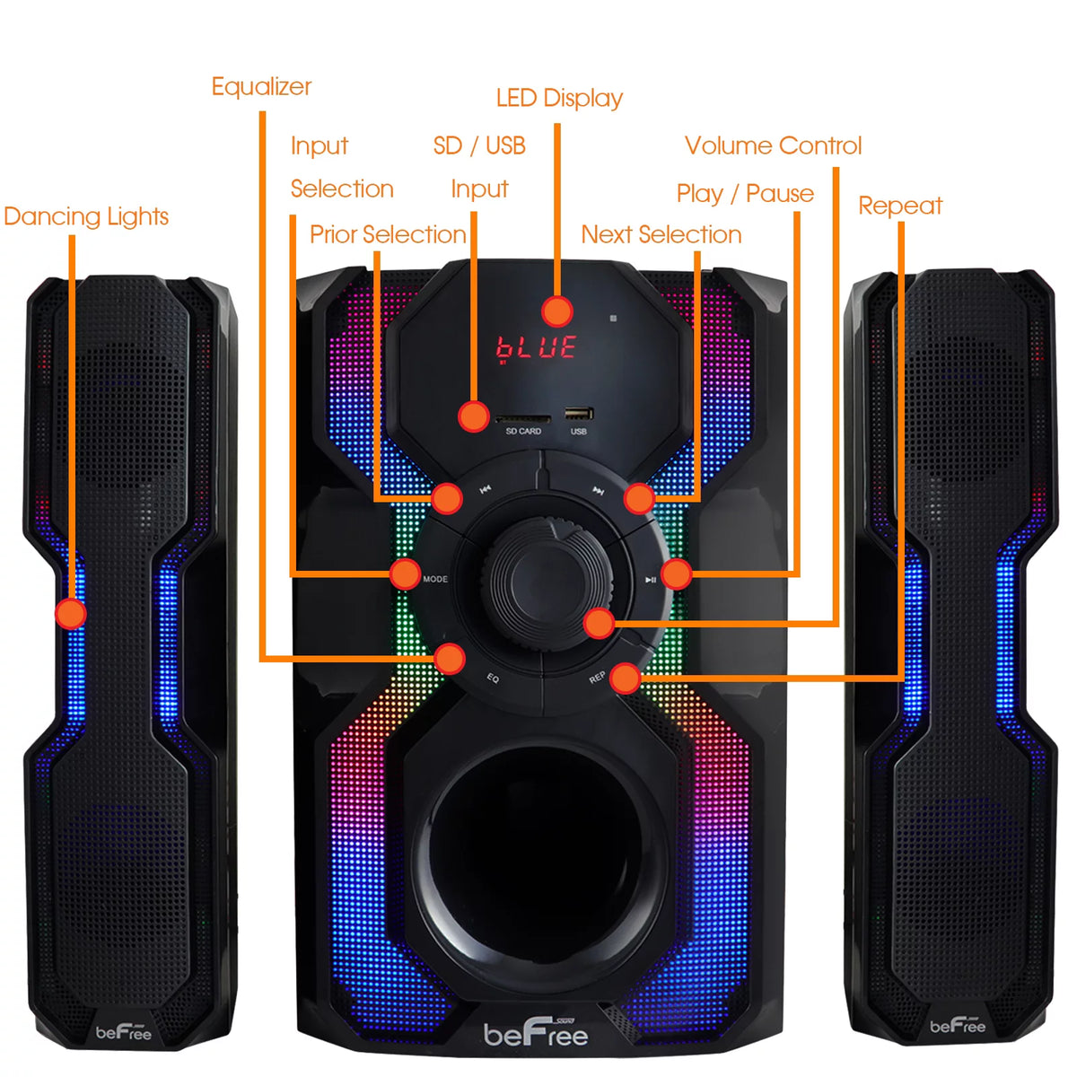 2.1 Channel Bluetooth Wired Speaker Stereo System with LED Lights, FM Radio, USB & SD Inputs - Black & Silver J6848