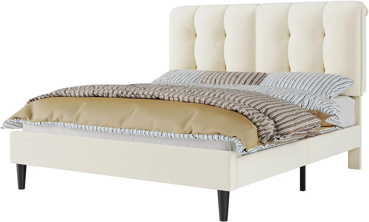 Queen Velvet Upholstered Platform Bed with Adjustable Headboard K9342