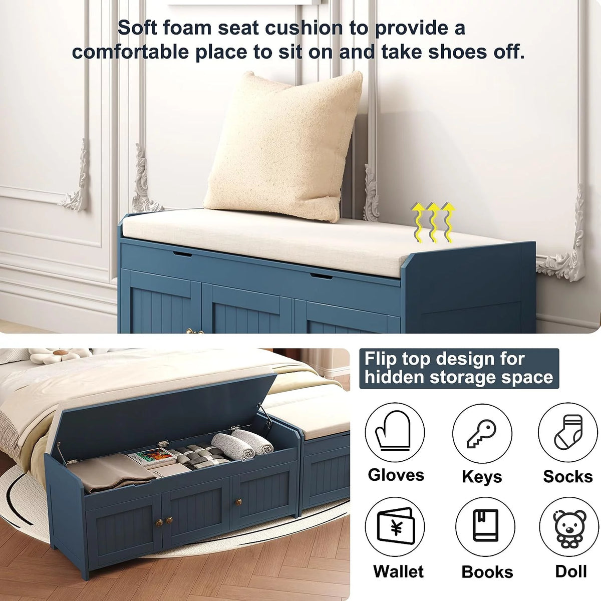 Blue Lift Top Storage Shoe Bench Y832552