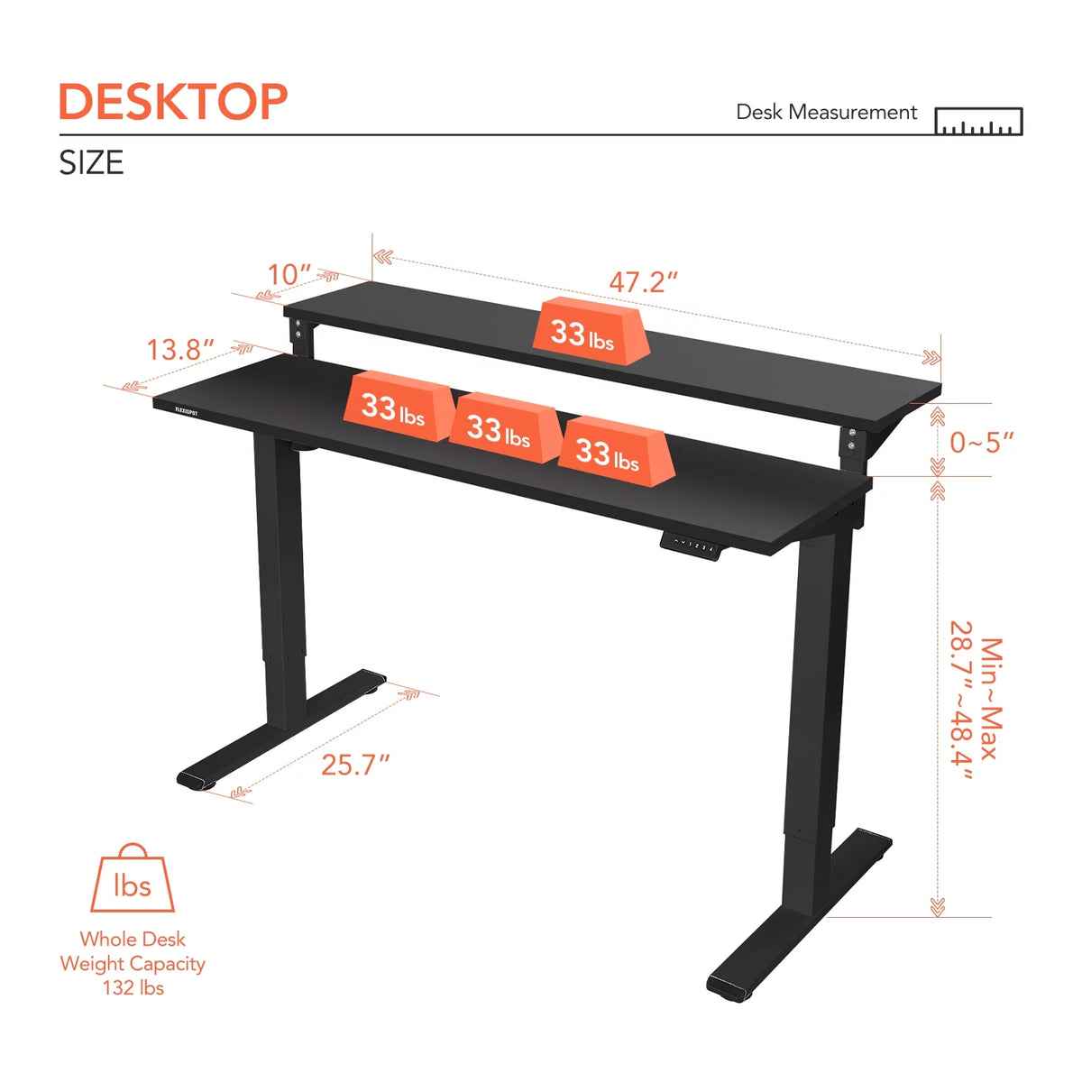48"x24" Black 2-Tier Height Adjustable Standing Desk V40555