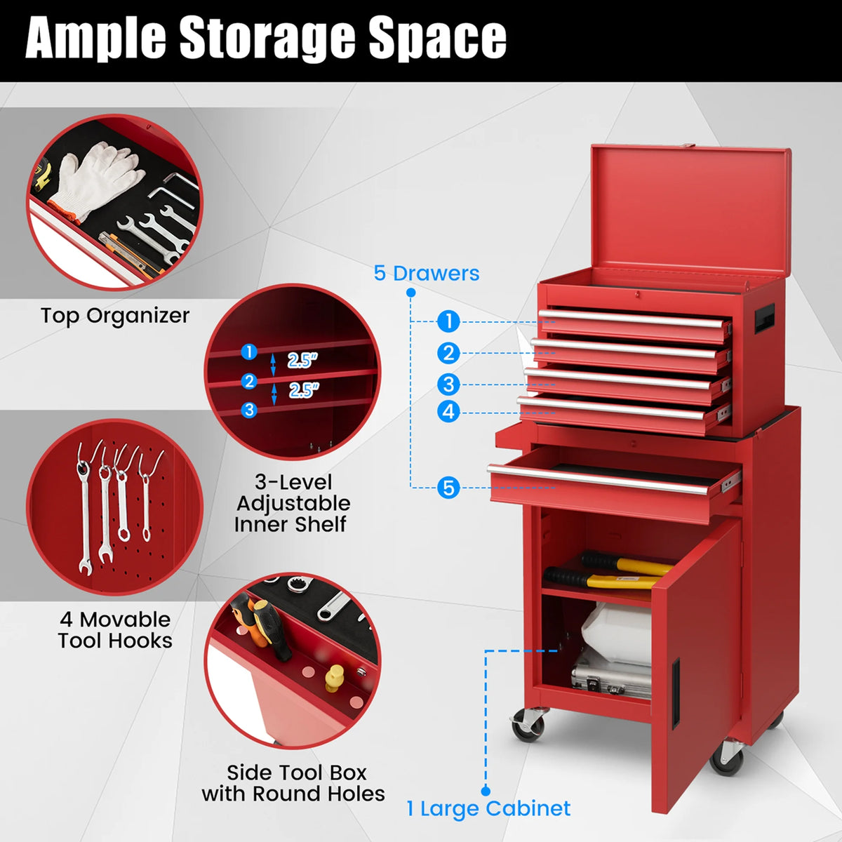 Red 5 Drawer Metal Rolling Tool Chest Cabinet D978050