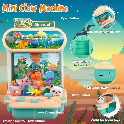 Pink Mini Dinosaur Claw Machine with 10 Plush and 12 Dinosaur Toys T311
