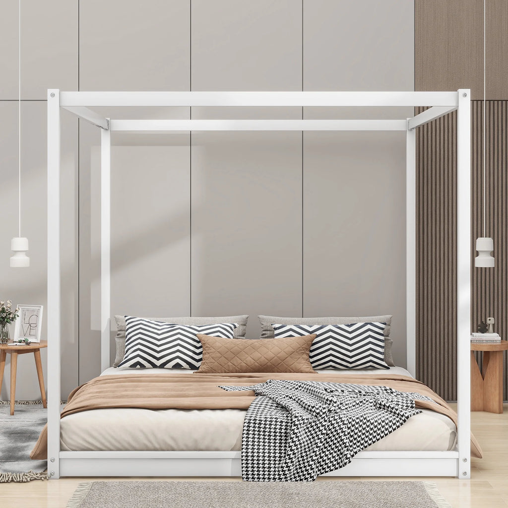 White Pine Wood Queen Size Canopy Platform Bed Q112187