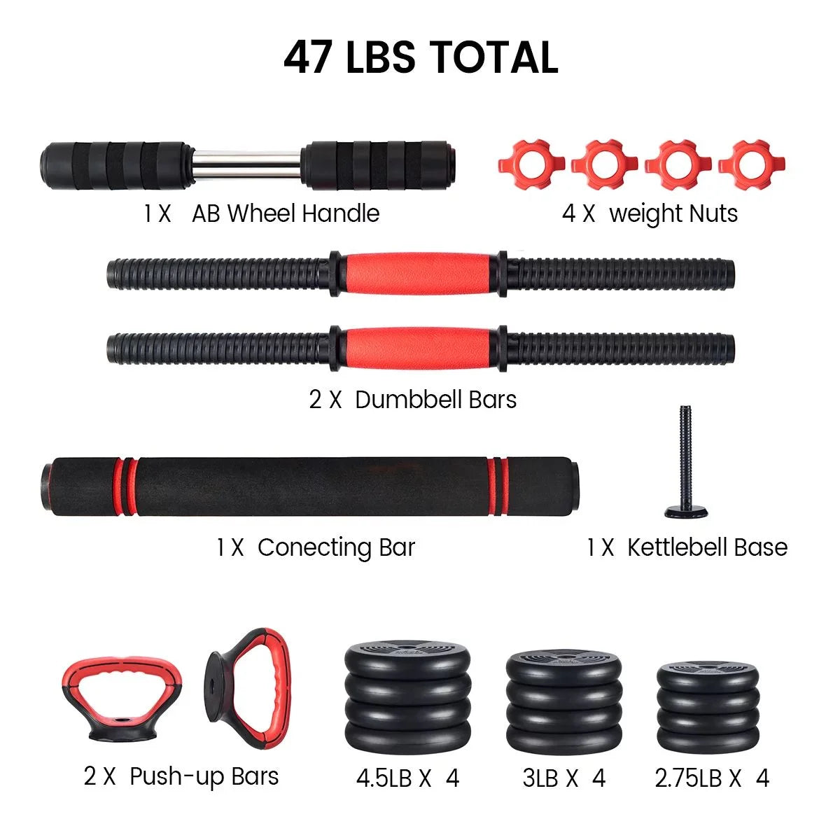 5 in 1 Adjustable Dumbbell Barbell Kettlebell Set 40LB A5004